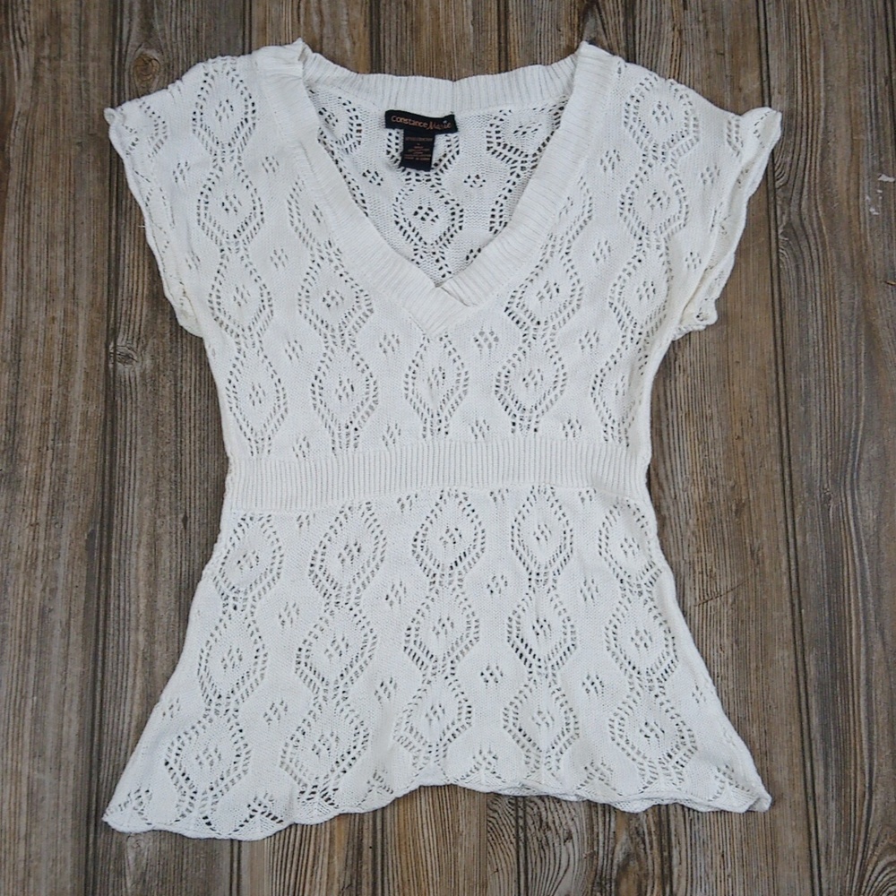 Vintage Constance Marie White Crochet Knit Short Sleeve V Neck Sweater Top